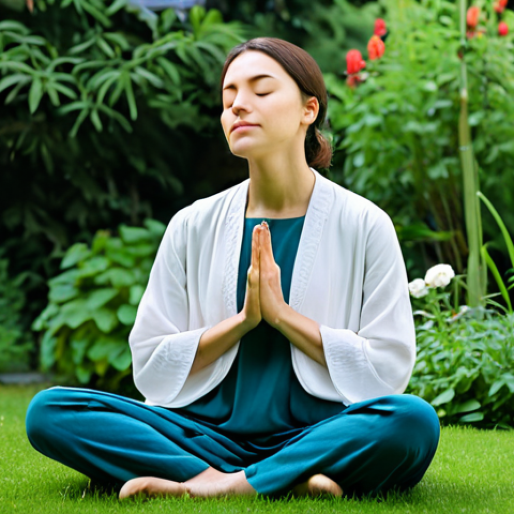 **

"A serene woman in comfortable, modest clothing sitting peacefully in a garden, eyes closed, focusing on her breath. Soft, natural lighting. Lush greenery and flowers in the background. Calm expression. Practicing mindfulness. Perfect anatomy, correct proportions, natural pose, well-formed hands, proper finger count, natural body proportions, safe for work, appropriate content, fully clothed, modest, family-friendly, professional photography, high quality."

**