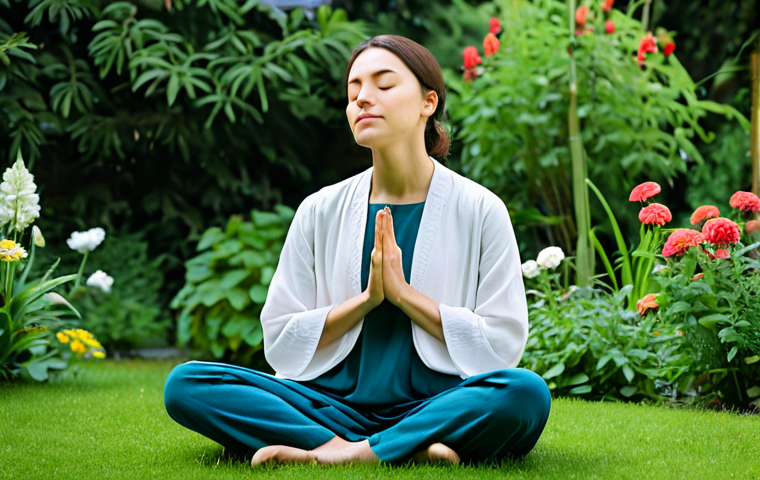 **

"A serene woman in comfortable, modest clothing sitting peacefully in a garden, eyes closed, focusing on her breath. Soft, natural lighting. Lush greenery and flowers in the background. Calm expression. Practicing mindfulness. Perfect anatomy, correct proportions, natural pose, well-formed hands, proper finger count, natural body proportions, safe for work, appropriate content, fully clothed, modest, family-friendly, professional photography, high quality."

**