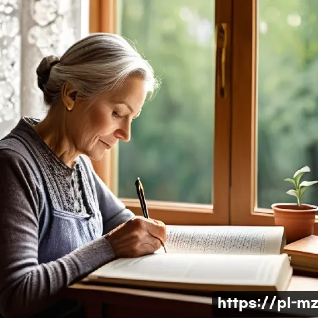 내러티브 건강법의 혁신적 접근 - A warm, inviting scene of a middle-aged Polish woman sitting at a wooden desk by a window, writing t...