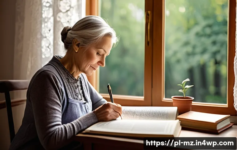 내러티브 건강법의 혁신적 접근 - A warm, inviting scene of a middle-aged Polish woman sitting at a wooden desk by a window, writing t...