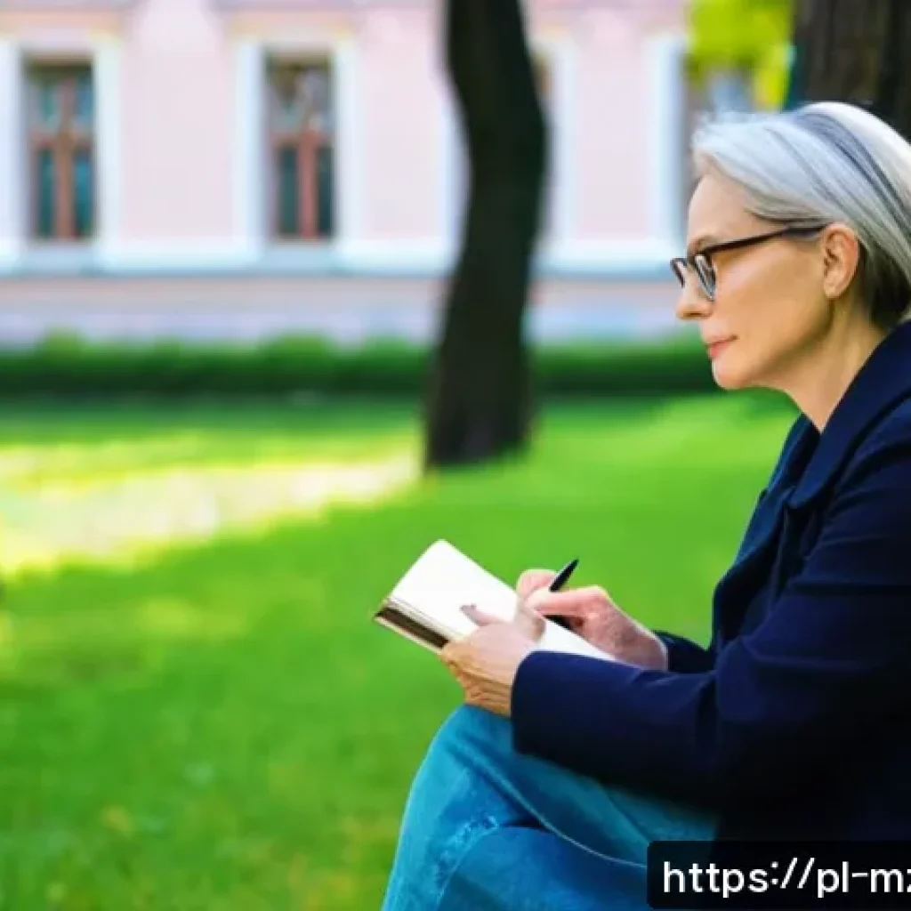 내러티브 건강법과 여행의 치유 효과 - A serene scene of a middle-aged Polish woman sitting on a park bench in Warsaw, journaling her trave...