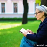 Home 21 내러티브 건강법과 여행의 치유 효과 - A serene scene of a middle-aged Polish woman sitting on a park bench in Warsaw, journaling her trave...