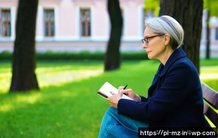 내러티브 건강법과 여행의 치유 효과 - A serene scene of a middle-aged Polish woman sitting on a park bench in Warsaw, journaling her trave...