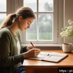 Home 20 내러티브 건강법과 삶의 의미 탐구 - A serene, cozy home office scene showing a young Polish adult thoughtfully journaling at a wooden de...