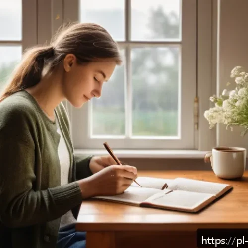 Home 32 내러티브 건강법과 삶의 의미 탐구 - A serene, cozy home office scene showing a young Polish adult thoughtfully journaling at a wooden de...