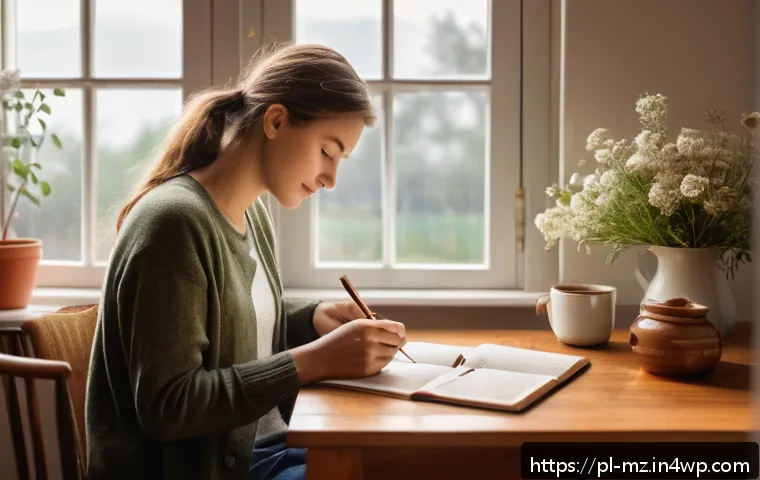 내러티브 건강법과 삶의 의미 탐구 - A serene, cozy home office scene showing a young Polish adult thoughtfully journaling at a wooden de...
