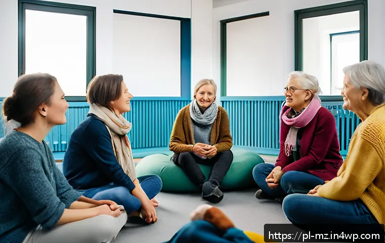 내러티브 건강법의 멘탈 헬스 개선 효과 - A warm and inviting therapy group session in a modern Polish community center, diverse adults sittin...