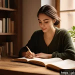 Home 18 내러티브 건강법을 위한 자원 활용 - A cozy, softly lit home office scene featuring a young adult woman sitting comfortably at a wooden d...