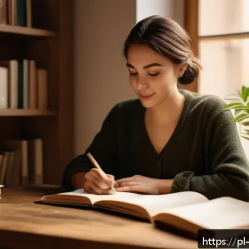 Home 30 내러티브 건강법을 위한 자원 활용 - A cozy, softly lit home office scene featuring a young adult woman sitting comfortably at a wooden d...